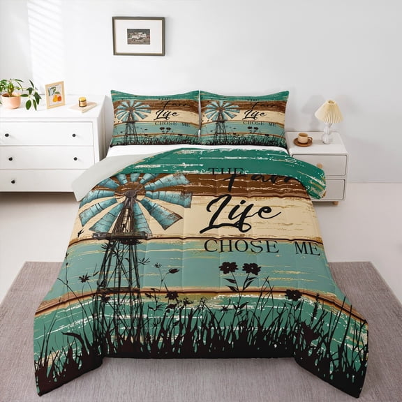 Homewish Enjoy Farm Life Bedding Comforter Set, Teal Cabin Wooden Plank Twin Comforter Sets, Countryside Style Reversible Bedding Set, Lightweight Room Decor, 2pcs