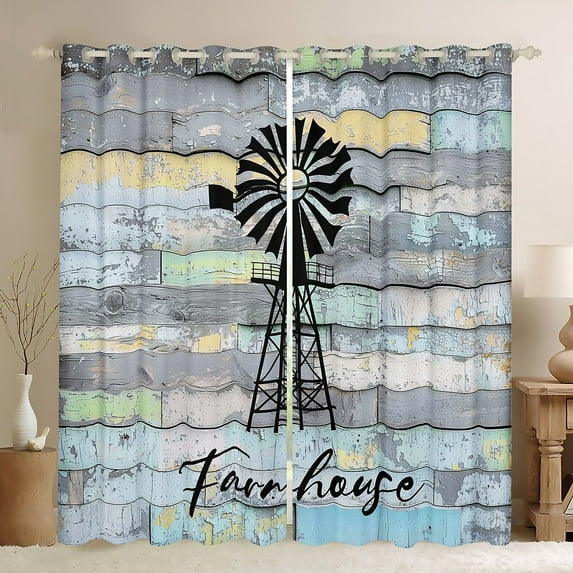 Homewish Enjoy Farm Life Blackout Curtains Set of 2 (52x84 Each), Light Blue Cabin Wooden Plank Window Curtains, Countryside Style Curtains and Drapes, Living Room Curtains Decor