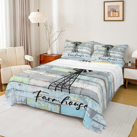 Homewish Enjoy Farm Life Twin Sheet Sets, Light Blue Cabin Wooden Plank Twin Fitted Sheet, Countryside Style Flat Sheet, Microfiber Bedroom Decor, 3 Pieces