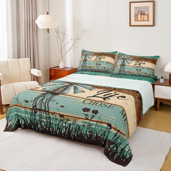 Homewish Enjoy Farm Life Twin Sheet Sets, Teal Cabin Wooden Plank Twin Fitted Sheet, Countryside Style Flat Sheet, Lightweight Room Decor, 3pcs