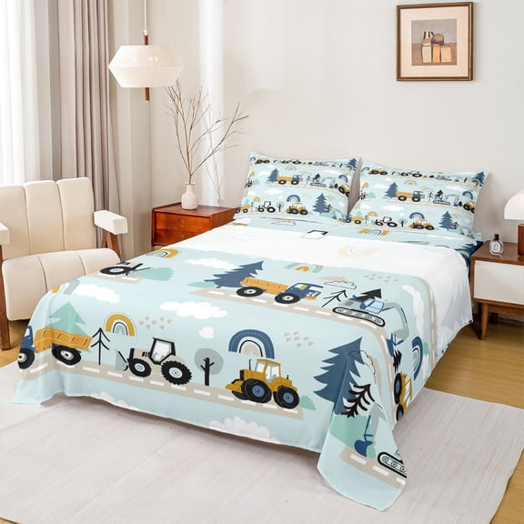 Homewish Equipment Truck Bed Sheets,Kids Excavator Bulldozer King Sheets,Yellow Blue Sheet Set For Boys Teens,Breathable Home Decor,4-Piece