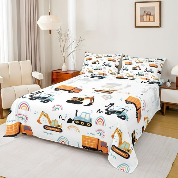 Homewish Equipment Truck Bulldozer Full Size Sheets,Colorful Cute Rainbow Bed Sheets,White Orange Blue Sheet Sets For Boys Teens,Breathable Home Decor,4pcs
