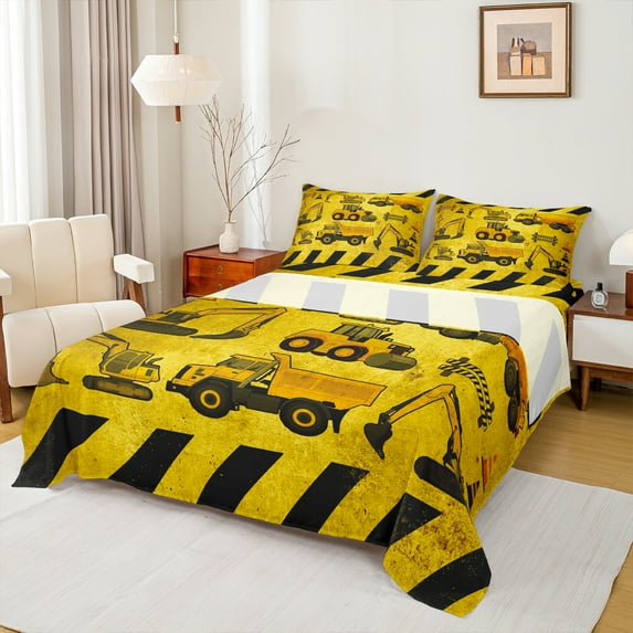 Homewish Construction Vehicle Queen Sheet Set, Excavator, Breathable Boys Bedding, 4-Piece