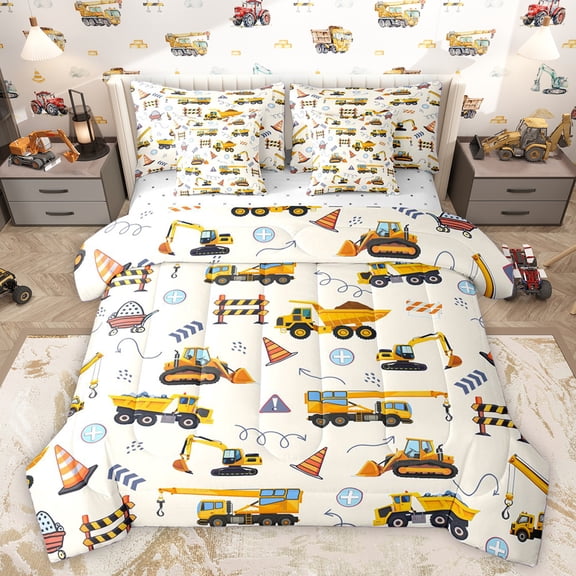 Homewish Equipped Truck 7-Piece Twin Bedding Sets,Cartoon Excavator Car Bedding Comforter Set,Yellow Beige Sheet Sets For Teens,Breathable Home Decor Reversible