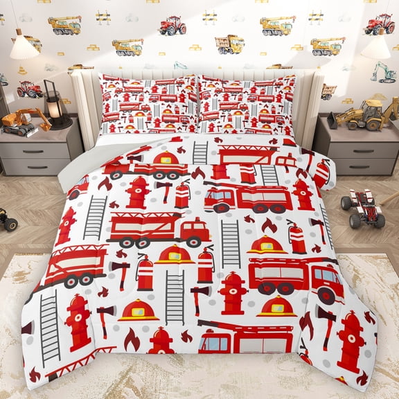Homewish Equipped Truck Bedding Comforter Set,Firefighter Car Twin Comforter Sets,Red Fire Truck Bedding Set For Teens,Breathable Home Decor Reversible,2-Piece