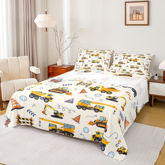 Homewish Equipped Truck Twin Sheet Sets,Cartoon Excavator Car Twin Fitted Sheet,Yellow Beige Flat Sheet For Teens,Breathable Home Decor,3 Pieces