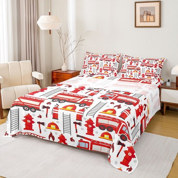 Homewish Equipped Truck Twin Sheet Sets,Firefighter Car Twin Fitted Sheet,Red Fire Truck Flat Sheet For Teens,Breathable Home Decor,3-Piece
