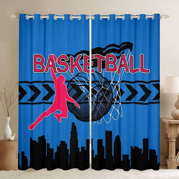 Homewish Est Sleep Basketball Black Out Curtains for Boys, Modern City Print Curtains Pack of 2 (42x63 Each), Cartoon Sports Theme Bedroom Curtains, Dodger Blue Black Out Curtains Decor
