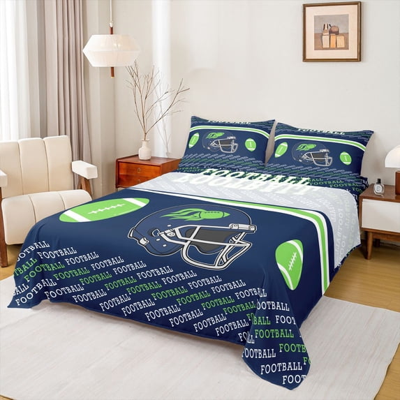 Homewish Est Sleep Football Bed Sheets for Kids, Soccer Sports Helmet King Sheets, Navy Green Cartoon Sheet Set, Ultra Soft Bedroom Decor, 4 Pieces