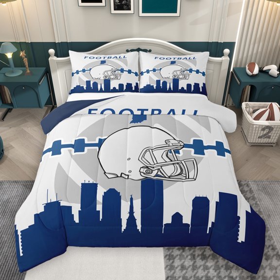 Homewish Est Sleep Football Queen Comforter Set for Kids, Soccer Sports Helmet Bedding Sets, White Navy Cartoon Reversible Bedding Comforter Set, Ultra Soft Bedroom Decor, 3 Pieces