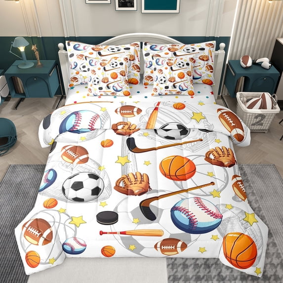 Homewish Est Sleep Sports Bedding Comforter Set 7 Pieces for Boy, Kawaii Rugby Football Full Bedding Set, Cartoon Soccer Basketball Reversible Fitted Sheet Flat Sheet, Microfiber Bedroom Decor