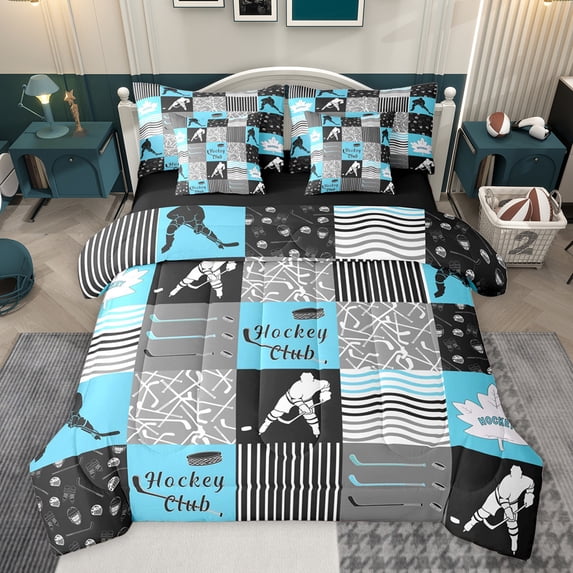 Homewish Est Sleep Sports Bedding Comforter Set 7pcs for Child, Cartoon Hockey Athlete King Bedding Sets, Blue Stripes Patchwork Reversible Bed Sheets, Breathable Home Decor