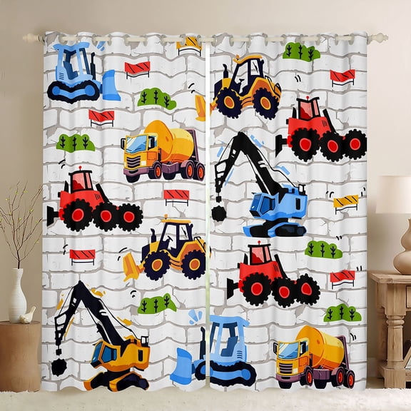 Homewish Excavator Bulldozer Black Out Curtains,Construction Vehicles Curtains Pack of 2 (42x63 Each),Red Orange Blue Bedroom Curtains For Boys Kids,Super Cozy Room Decor