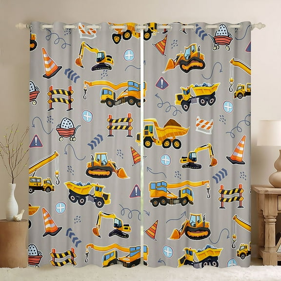 Homewish Excavator Bulldozer Print Curtains Pack of 2 (42x84 Each),Construction Vehicle Theme Curtains Blackout,Gray Yellow Bedroom Curtains For Kids,Microfiber Bedroom Decor