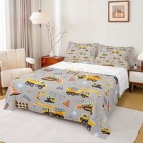Homewish Excavator Bulldozer Print Twin Sheet Sets,Construction Vehicle Theme Twin Fitted Sheet,Gray Yellow Flat Sheet For Kids,Microfiber Bedroom Decor,3pcs