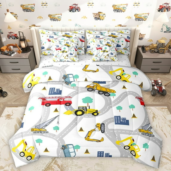Homewish Excavator Bulldozer Trucks 7pcs Bedding Comforter Set,Construction Vehicles Queen Bedding Sets,White Gray Yellow Queen Sheet Sets For Boys Kids,Super Cozy Room Decor Reversible