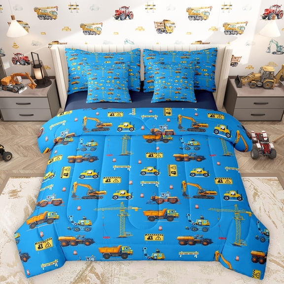 Homewish Excavator Crane 7-Piece Bedding Comforter Set,Construction Vehicles King Bedding Sets,Blue Yellow Bed Sheets For Boys Kids,Super Cozy Room Decor Reversible