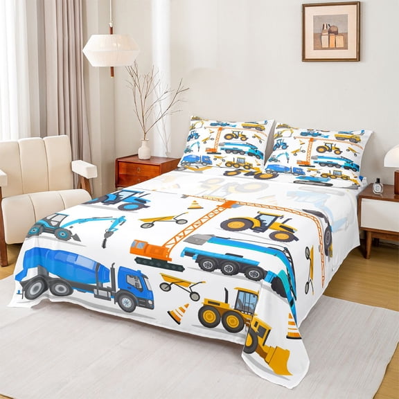 Homewish Excavator Crane Pattern Bed Sheets,Construction Vehicles King Sheets,Blue Yellow White Sheet Set For Boys Kids,Luxury Bedroom Decor,4-Piece
