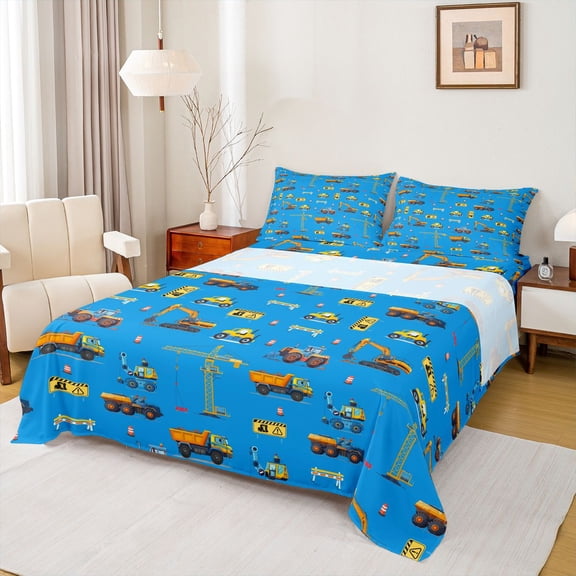 Homewish Excavator Crane Twin Sheet Sets,Construction Vehicles Twin Fitted Sheet,Blue Yellow Flat Sheet For Boys Kids,Super Cozy Room Decor,3 Pieces
