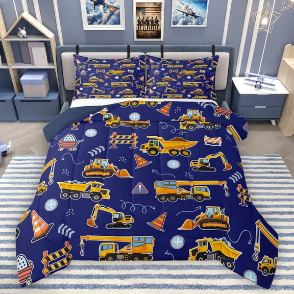 Homewish Excavator Theme Bedding Comforter Set,Construction Vehicles Twin Comforter Sets,Blue Deepblue Bedding Set For Boys Kids,Ultra Soft Home Decor Reversible,2-Piece