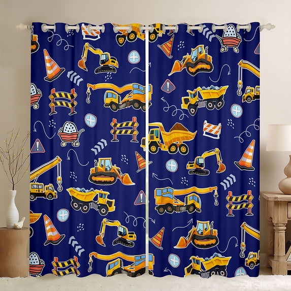 Homewish Excavator Theme Black Out Curtains,Construction Vehicles Curtains Pack of 2 (42x63 Each),Blue Deepblue Bedroom Curtains For Boys Kids,Ultra Soft Home Decor
