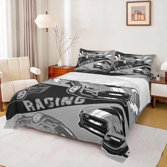 Homewish Extreme Game Bed Sheets,Sport Car King Sheets,Gray Black Sheet Set For Boy,Super Cozy Room Decor,4pcs