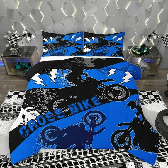 Homewish Extreme Game Full Size Comforter Sets,Speed Motocross Bedding Comforter Set,Black Blue Bedding Sets For Boy,Super Cozy Room Decor Reversible,3 Pieces
