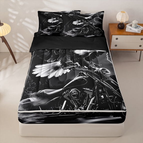 Homewish Extreme Sport Motocross Zipper Full Size Comforter Sets with Fitted Sheet and 2 Pillowcases,Wild Animal Eagle Zipper Bedding Set For Men Women,Reversible,4 Pieces