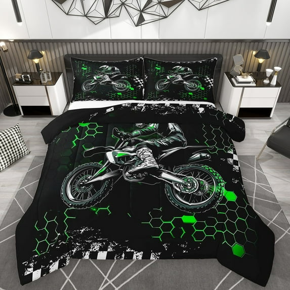 Homewish Extreme Sport Motorcycle 3-Piece Full Size Comforter Sets For Female Men,Abstract Graffiti Splash Bedding Comforter Set,Gradient Geometric Hexagon Lightweight Bedding Sets