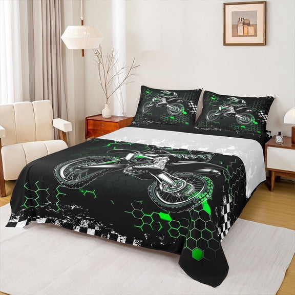 Homewish Extreme Sport Motorcycle 4 Pieces Queen Sheet Sets For Female Men,Abstract Graffiti Splash Ultra Soft Flat Sheet,Gradient Geometric Hexagon Queen Fitted Sheet,Luxury Bedroom Decor