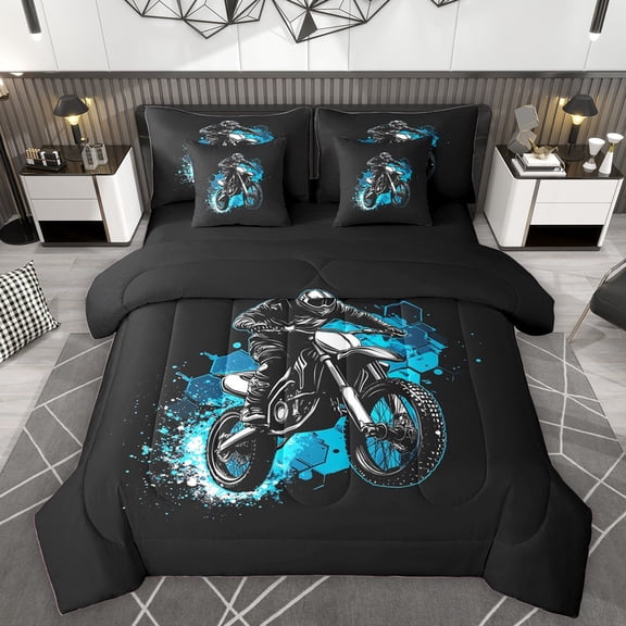 Homewish Extreme Sport Motorcycle 7-Piece Bedding Comforter Set For Female Men Teens,Abstract Geometric Hexagon King Bedding Sets,Watercolor Gradient Splash Ultra Soft Bed Sheets