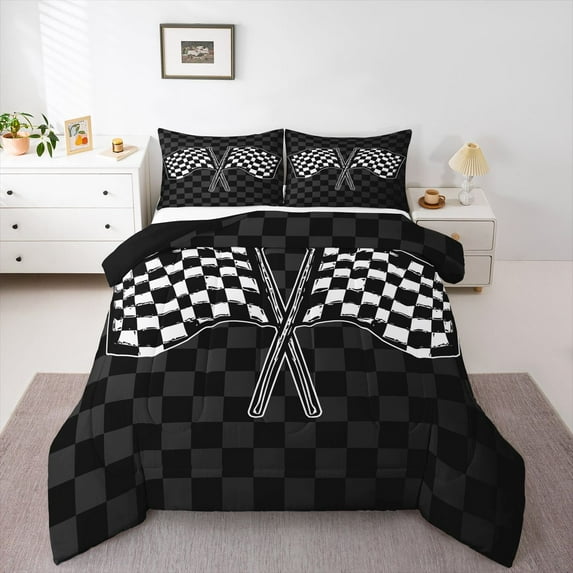 Homewish Extreme Sports Game Bedding Comforter Set,Racing Flag Twin Comforter Sets,Classical Plaid Bedding Set For Boys Kids,Microfiber Bedroom Decor Reversible,2pcs