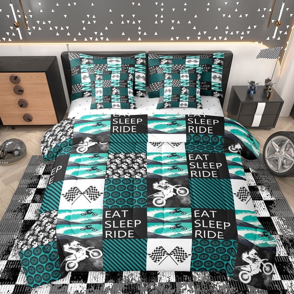 Homewish Extreme Sports Motorcycle 7-Piece Bedding Comforter Set,Patchwork Geometric Checkered King Bedding Sets,Racing Flag Bed Sheets For Boys Kids,Breathable Bedroom Decorative Reversible