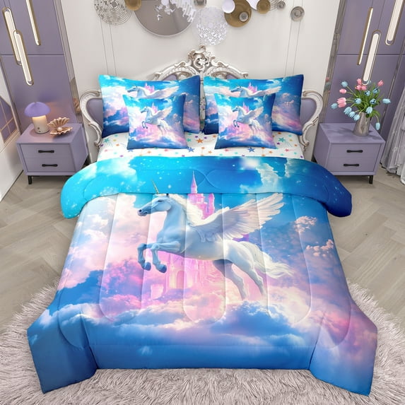 Homewish Fairy Tale Castle 7-Piece Twin Bedding Sets,Cartoon Animal Unicorn Bedding Comforter Set,Pink White Blue Sheet Sets For Princess,Microfiber Bedroom Decor Reversible