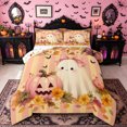 thumbnail image 1 of Homewish Fall Bow Ghost Pumpkin Queen Comforter Set for Girls, Peach Striped Maple Daisy Comforter Sets Queen, Halloween Reversible, 3pcs, 1 Comforter and 2 Pillowcases, 1 of 6