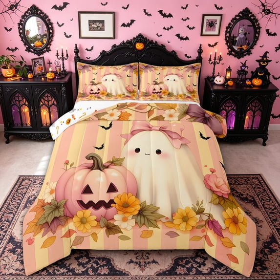 Homewish Fall Bow Ghost Pumpkin Queen Comforter Set for Girls, Peach Striped Maple Daisy Comforter Sets Queen, Halloween Reversible, 3pcs, 1 Comforter and 2 Pillowcases
