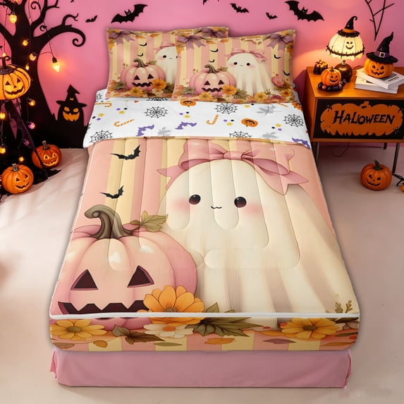 Homewish Fall Bow Ghost Pumpkin Zipper Queen Comforter Set with Fitted Sheet and 2 Pillowcases for Girls, Peach Striped Maple Daisy Zipper Bedding Set, Halloween Reversible, 4pcs