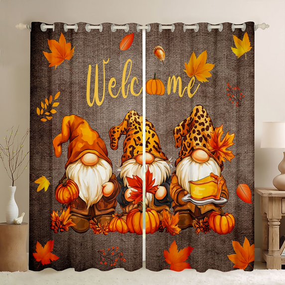 Homewish Fall Gnome Blackout Curtains, Autumn Pumpkin Curtains Pack of 2 (42x84 Each), Brown Orange