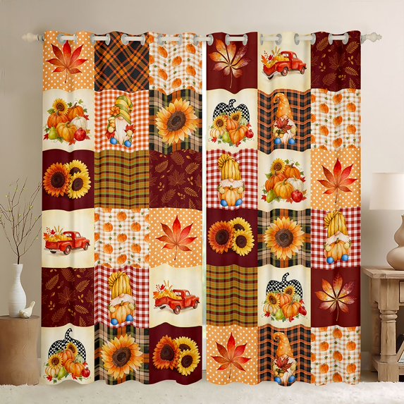 Homewish Fall Gnome Sunflower Kitchen Curtains, Maple Leaf Plaid Black Out Curtains Pack of 2 (42x63 Each), Multi Warm Tones