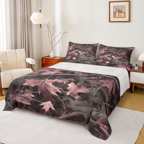 Homewish Fall Maple Leaf Twin Sheet Sets,Rustic Autumn Twin Fitted Sheet,Pink Brown Flat Sheet For Adult,Super Cozy Room Decor,3pcs