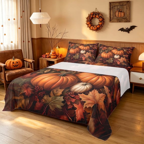 Homewish Fall Pumpkin Bed Sheets, Autumn Harvest Season Full Size Sheets, Rust Orange Brown Cream, 4pcs (1 Flat Sheet, 1 Fitted Sheet and 2 Pillowcases)