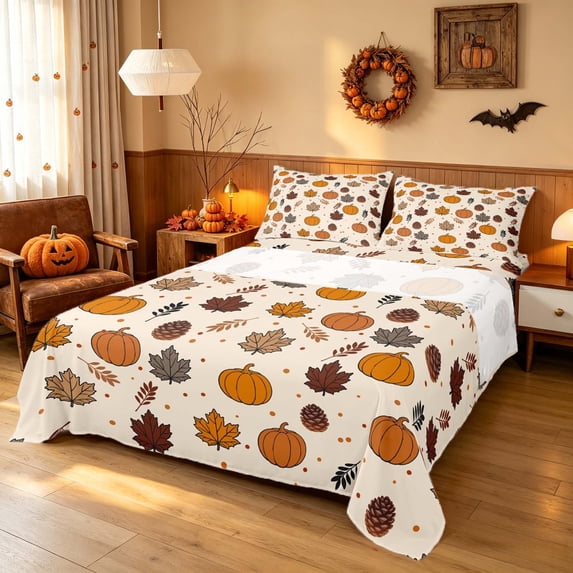 Homewish Fall Pumpkin Maple Queen Sheets, Rustic Pine Cone Queen Sheet Sets, Cream Terracotta, 4-Piece (1 Flat Sheet, 1 Fitted Sheet and 2 Pillowcases)