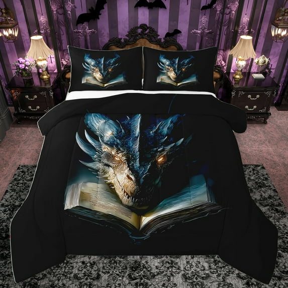 Homewish Fantasy Theme Full Size Comforter Sets,Cartoon Dragon Bedding Comforter Set,Black Blue Bedding Sets For Teens,Ultra Soft Home Decor Reversible,3pcs
