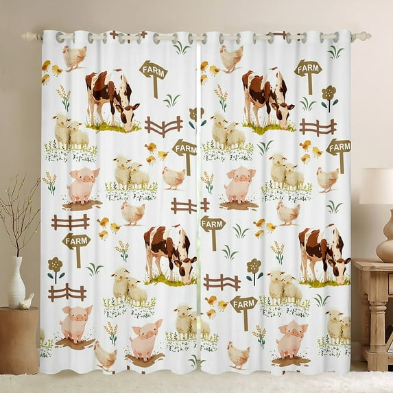 Homewish Farm Animal Cattle Black Out Curtains,Cute Pig Sheep Curtains Pack of 2 (42x63 Each),Rustic Farmhouse Cabin Bedroom Curtains For Boy Girl,Microfiber Bedroom Decor