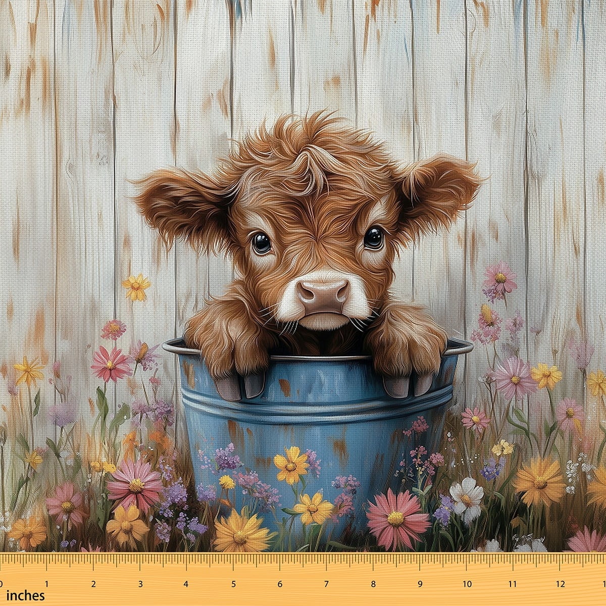 Homewish Farm Animal Cattle Fabric by the Yard 1 Yard,Cute Highland Cattle Home Decor Fabric by the Yard,Old Barn Door Sewing Fabric For Children,Super Cozy Room Decor