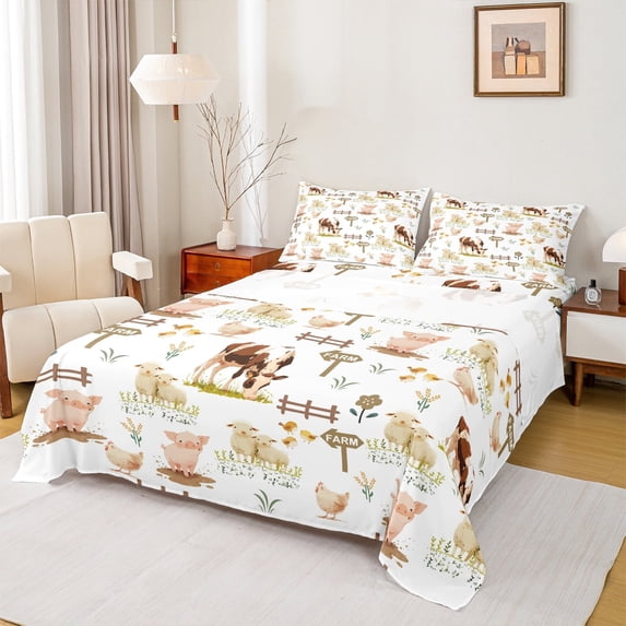 Homewish Farm Animal Cattle Twin Sheet Sets,Cute Pig Sheep Twin Fitted Sheet,Rustic Farmhouse Cabin Flat Sheet For Boy Girl,Microfiber Bedroom Decor,3-Piece