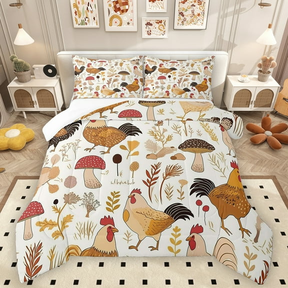 Homewish Farm Animal Chicken Bedding Comforter Set,Retro Rustic Mushroom Twin Comforter Sets,Country Plant Leaves Bedding Set For Boys Kids,Super Cozy Room Decor,2pcs
