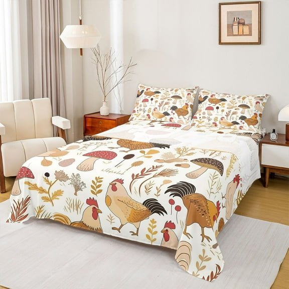 Homewish Farm Animal Chicken Twin Sheet Sets,Retro Rustic Mushroom Twin Fitted Sheet,Country Plant Leaves Flat Sheet For Boys Kids,Super Cozy Room Decor,3pcs