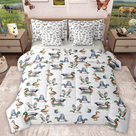 Homewish Farm Animal Duck 7-Piece Bedding Comforter Set,Country Mallard Duck King Bedding Sets,Rustic Farmhouse Bed Sheets For Boys Teens,Breathable Home Decor Reversible