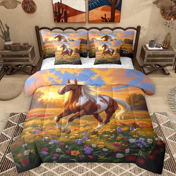 Homewish Farm Animal Horse 7-Piece Bedding Comforter Set,Colorful Daisy Flower King Bedding Sets,Rustic Farmhouse Cabin Bed Sheets For Boys Kids,Luxury Bedroom Decor Reversible
